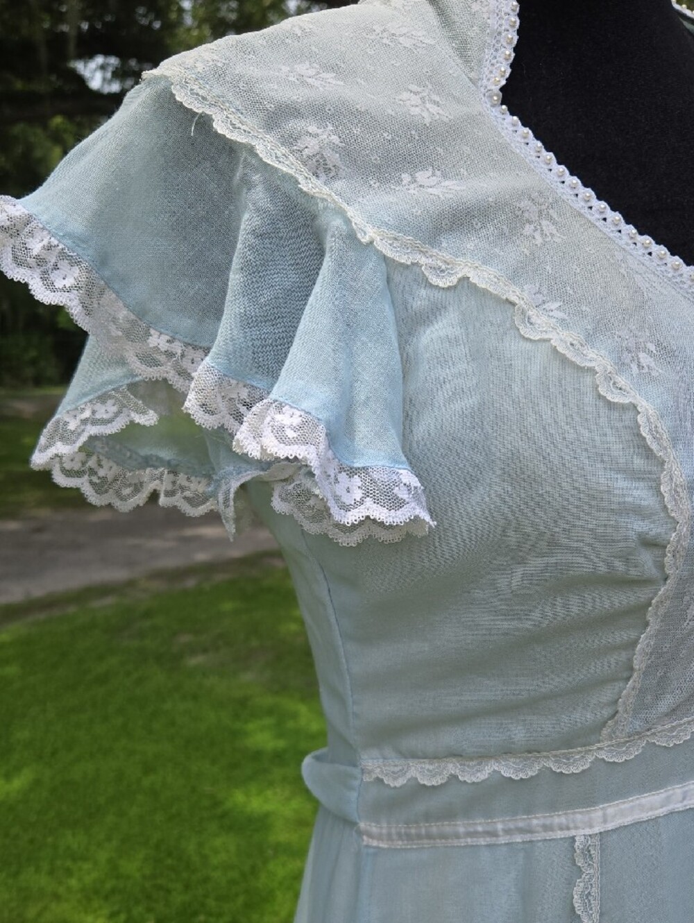 Vintage 1978 Light Blue Lace-Trim Maxi Dress Junior Size 11 - Picture 6 of 9